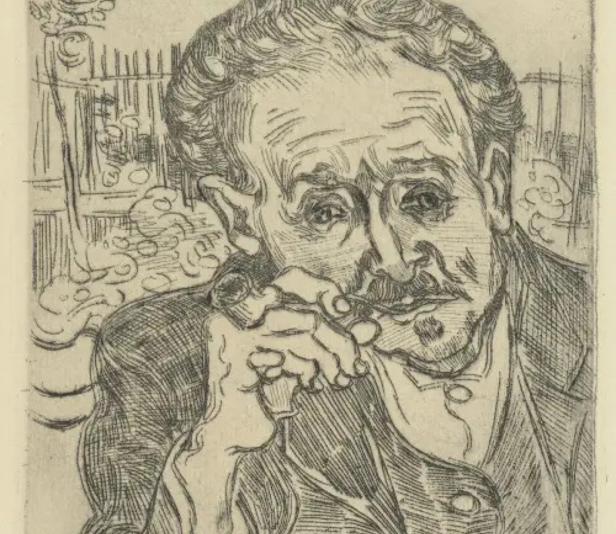 On 25 May van Gogh was initiated by Dr. Gachet with whom he engraved a plate and printed a few copies of L’Homme à la pipe, a portrait of Dr. Gachet which is Van Gogh’s only etching