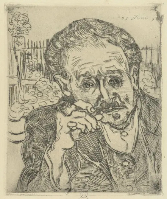 On 25 May van Gogh was initiated by Dr. Gachet with whom he engraved a plate and printed a few copies of L’Homme à la pipe, a portrait of Dr. Gachet which is Van Gogh’s only etching